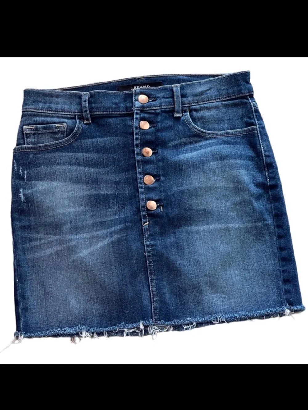 J Brand Rosalie Button Fly Denim Mini Skirt Sz 27 Blue Jean Raw Edge Distressed